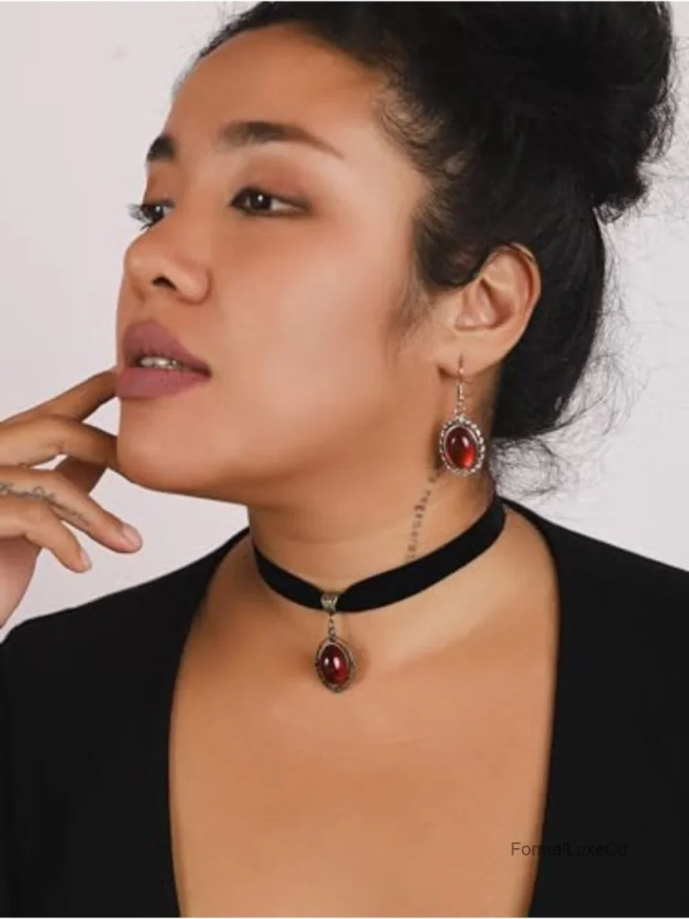 Gothic Victorian Velvet Choker with Red Teardrop Pendant